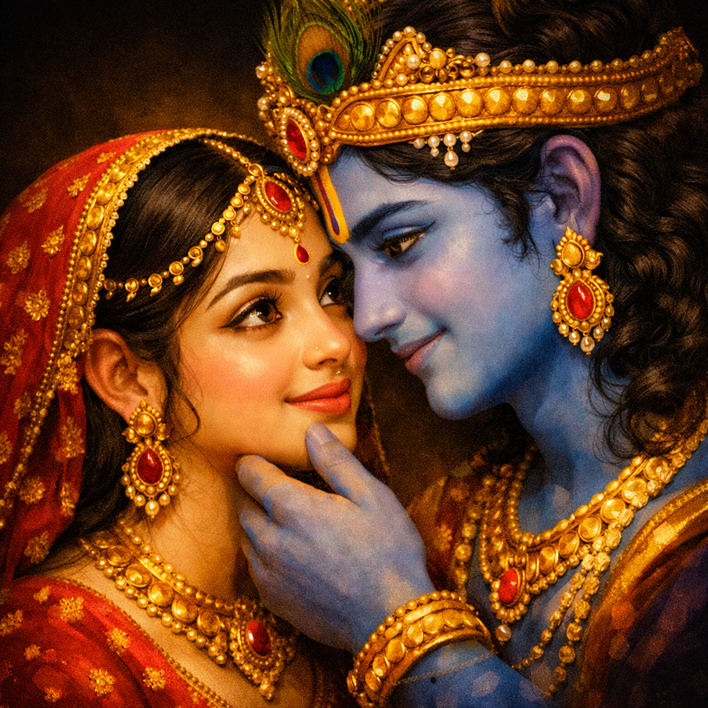 Radha Krishna intimate gaze portrait on dark background with warm golden lighting for DP use